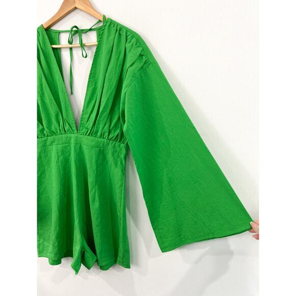 NEW MissPap Plunge Front Romper 6 Green Tie Back Playsuit Linen Look Glam - Picture 4 of 11